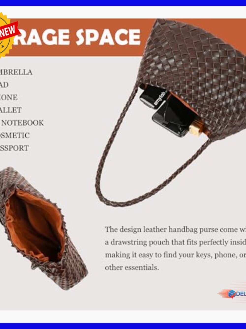 Vegan Leather Woven Hobo Tote Shoulder Bag Small Size Handcrafted - Picture 6 of 7